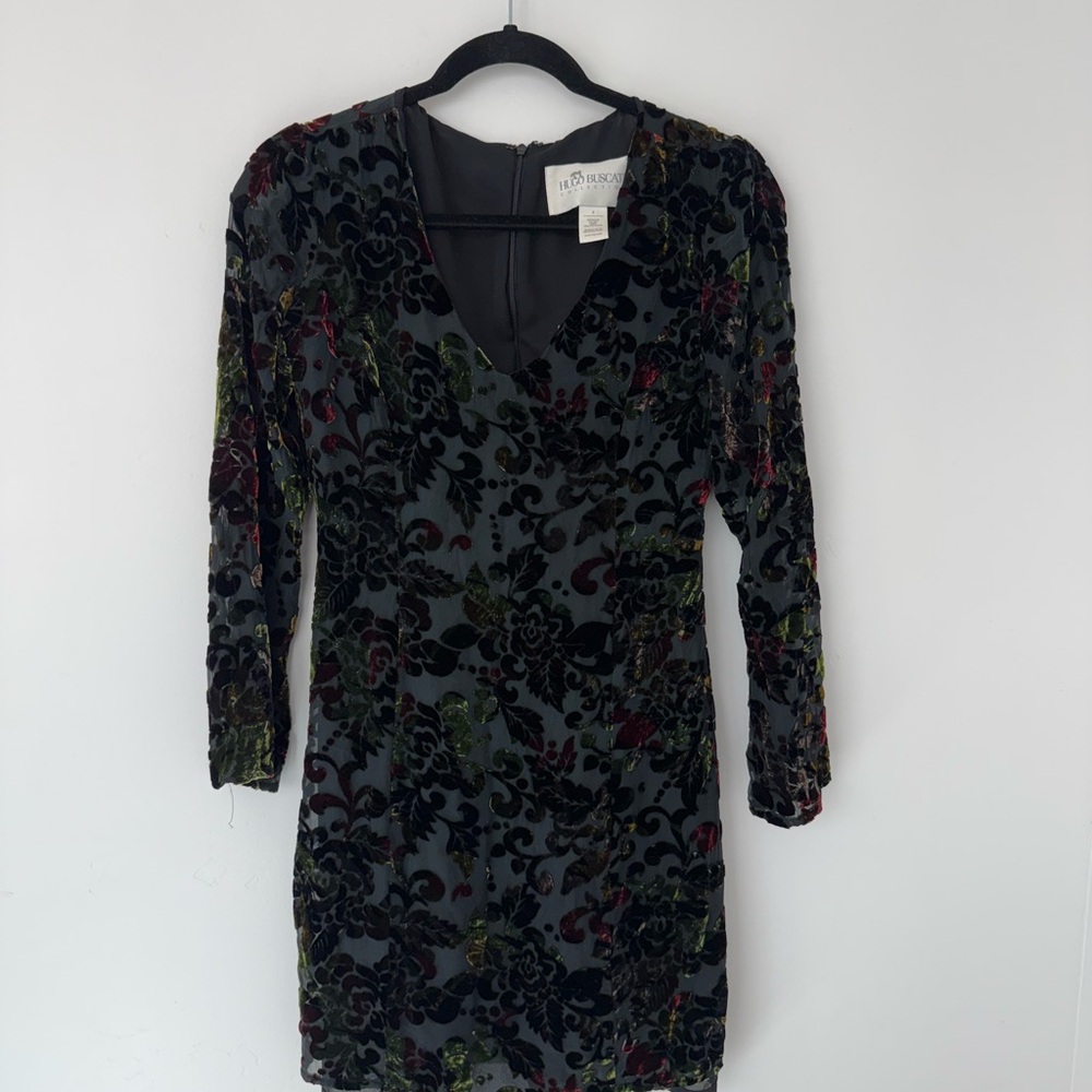 Hugo Buscatti Black Silk Dress Size 4 Velvet Burnout Floral Cocktail Party